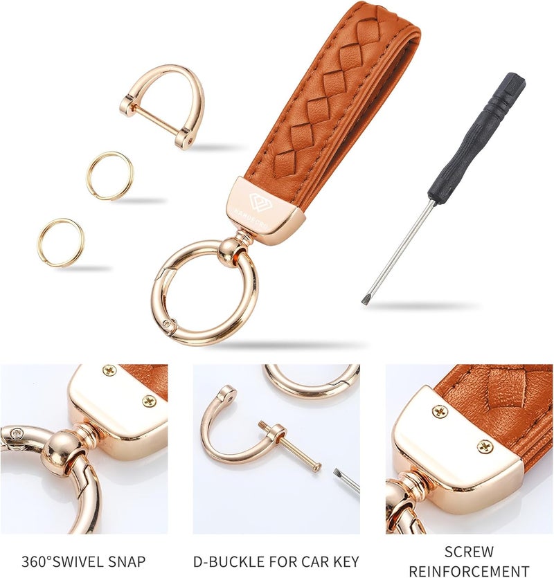 Hamdecro Store Genuine Leather Car Keychain, Handmade Knit Sheepskin Key chains for Women, Universal Key Fob Holder with 360 Degree Rotatable, Anti-Lost D-Ring, 2 Keyrings and 1 Screwdriver – Orange - Image 3
